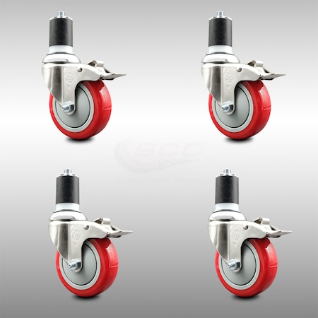 Service Caster 4 Inch 316SS Red Poly Swivel 1-7/8 Inch Expanding Stem Caster Set Lock Brake SCC-SS316TTLEX20S414-PPUB-RED-178-4